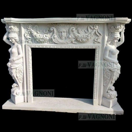CORNICE DI CAMINO IN MARMO BIANCO CON STATUE 55 Cm. 160 CORNICE DI CAMINO IN MARMO BIANCO CON STATUE 55 Cm. 160