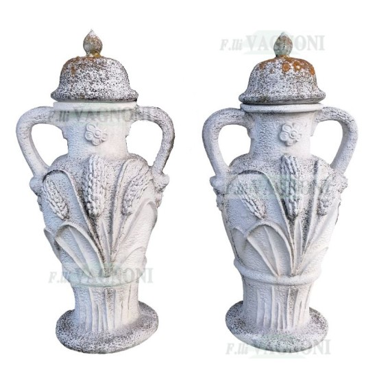 COPPIA DI VECCHIE ANFORE IN CEMENTO E MARMO CON SPIGA CM 105