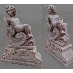 PUTTO STATUA + BASE IN CEMENTO TIPO GRANITO CM. 130