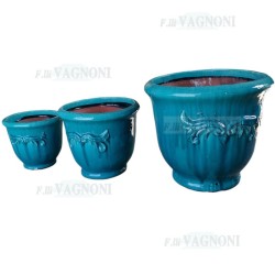 SET 3 VASI CIRCOLARI IN TERRACOTTA SMALTATA AZZURRO MARE