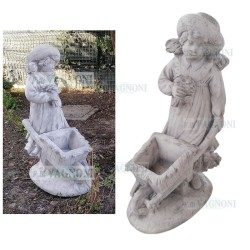 STATUA BAMBINA CON CARRIOLA FIORIERA IN CEMENTO