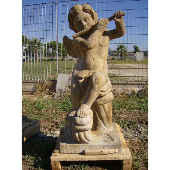 STATUA PUTTO MUSICISTA IN PIETRA VECCHIA CM. 100