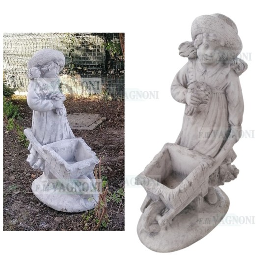 STATUA BAMBINA CON CARRIOLA FIORIERA IN CEMENTO STATUA BAMBINA CON CARRIOLA FIORIERA IN CEMENTO