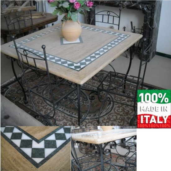 TAVOLO QUADRATO CON BASE + PIANO IN MARMO CON INTARSI + 4 SEDIE TAVOLO QUADRATO CON BASE + PIANO IN MARMO CON INTARSI + 4 SEDIE