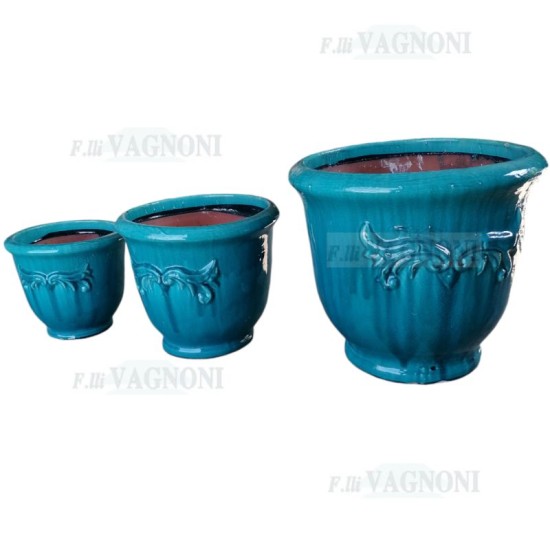 SET 3 VASI CIRCOLARI IN TERRACOTTA SMALTATA AZZURRO MARE SET 3 VASI CIRCOLARI IN TERRACOTTA SMALTATA AZZURRO MARE